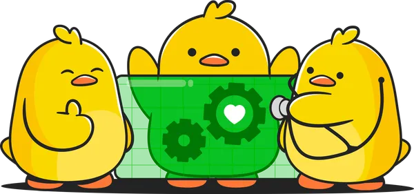 Three yellow ducklings gathered around a green blueprint with gear icons and a heart symbol.