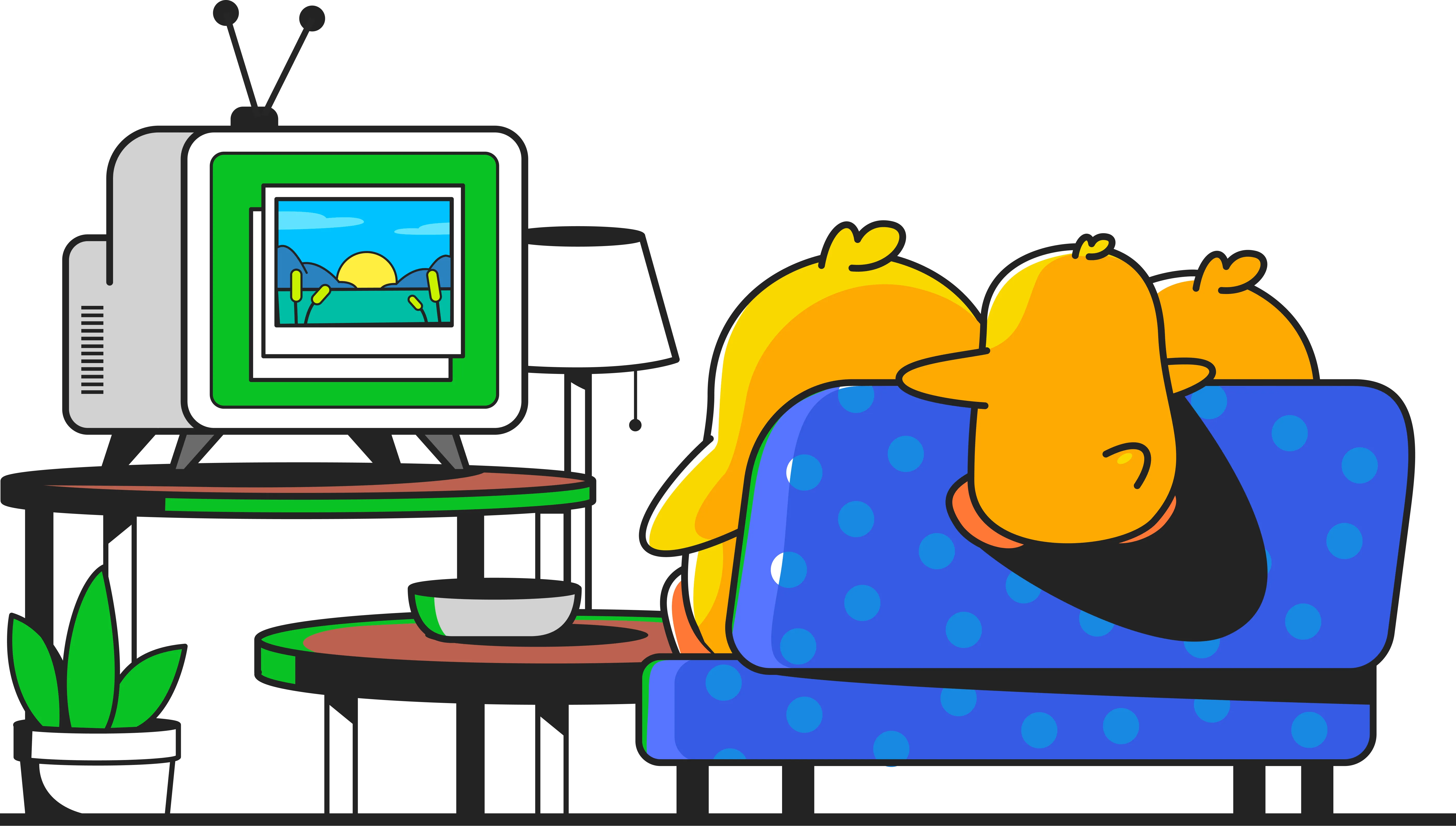 A family of yellow ducklings sitting on a blue couch in front of an old-fashioned TV with a pair of antennae displaying two photograph icons. Text with large font at the top half of the image reads 'Cast albums to TV with Ente.'