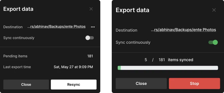 Ente's continous data exports