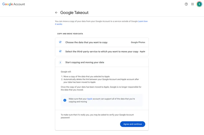 Third step of transferring from Google Photos to Apple Photos