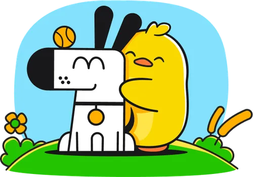 Illustration of Ente's Ducky and Kagi's Doggo hugging