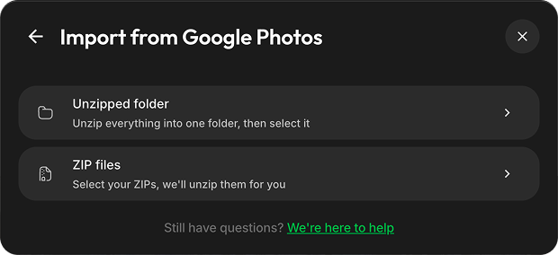 Choose an unzipped folder or ZIP files for a Google Photos import
