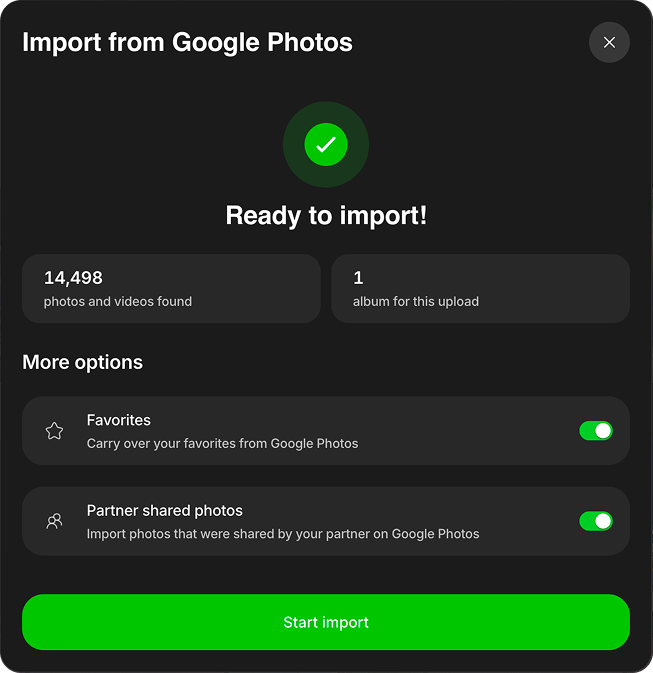 Google Photos import ready with media and album counts and import options