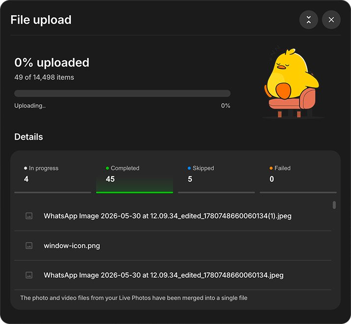 Files that completed uploading