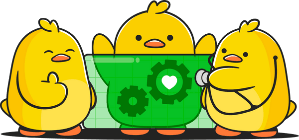 Three yellow ducklings gathered around a green blueprint with gear icons and a heart symbol.