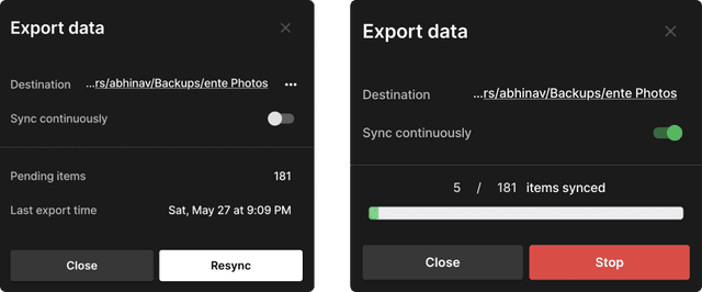 Ente's continous data exports