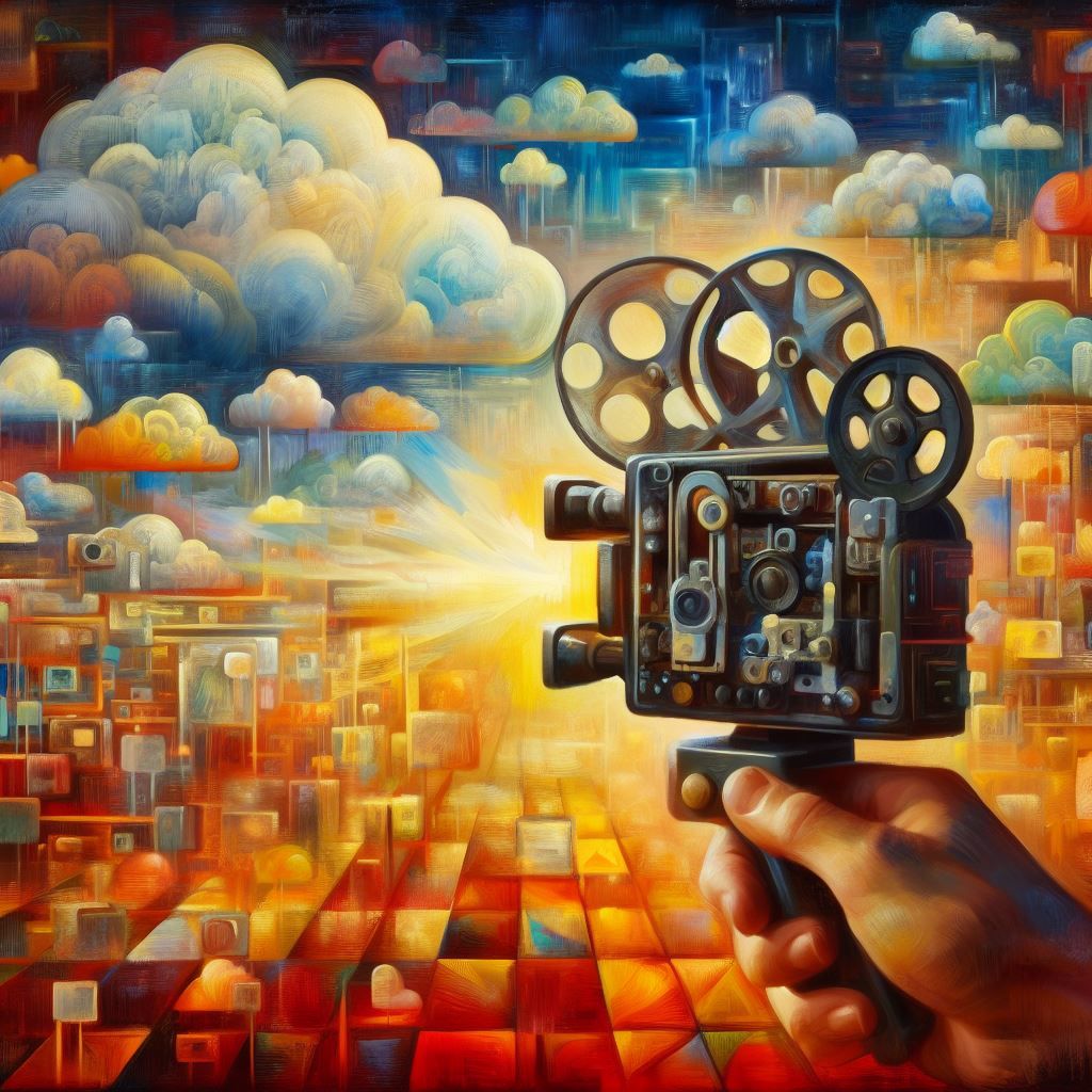 Abstract painting of a camcorder uploading its media to the cloud