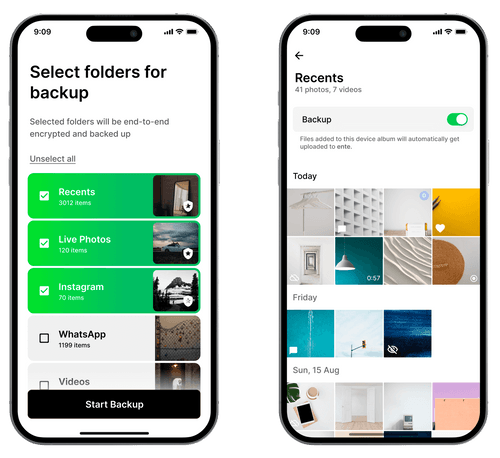 Ente Photos app showing selective album backup settings Ente Photos app showing selective album backup settings