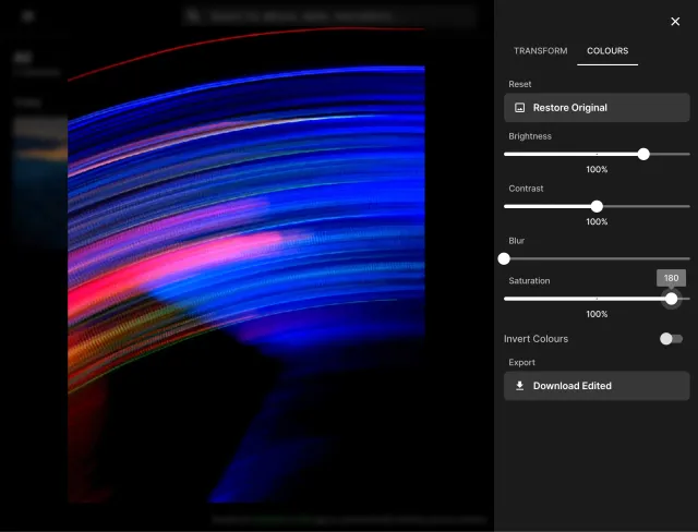 Screenshot of photo settings with sliders and a toggle adjusting image colors: brightness, contrast, blur, saturation and inversion.