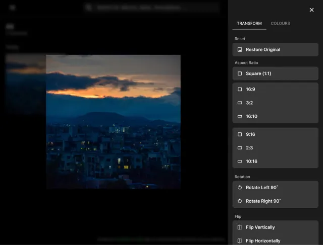 Screenshot of photo settings with options for colors, aspect ratio, rotation, and flipping.