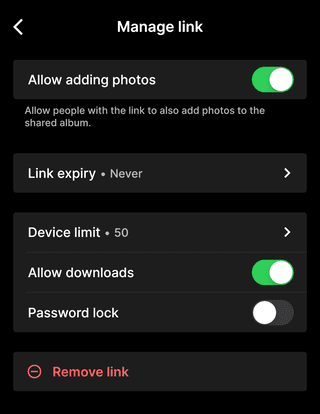 Enable 'Allow adding
     photos' in link settings
